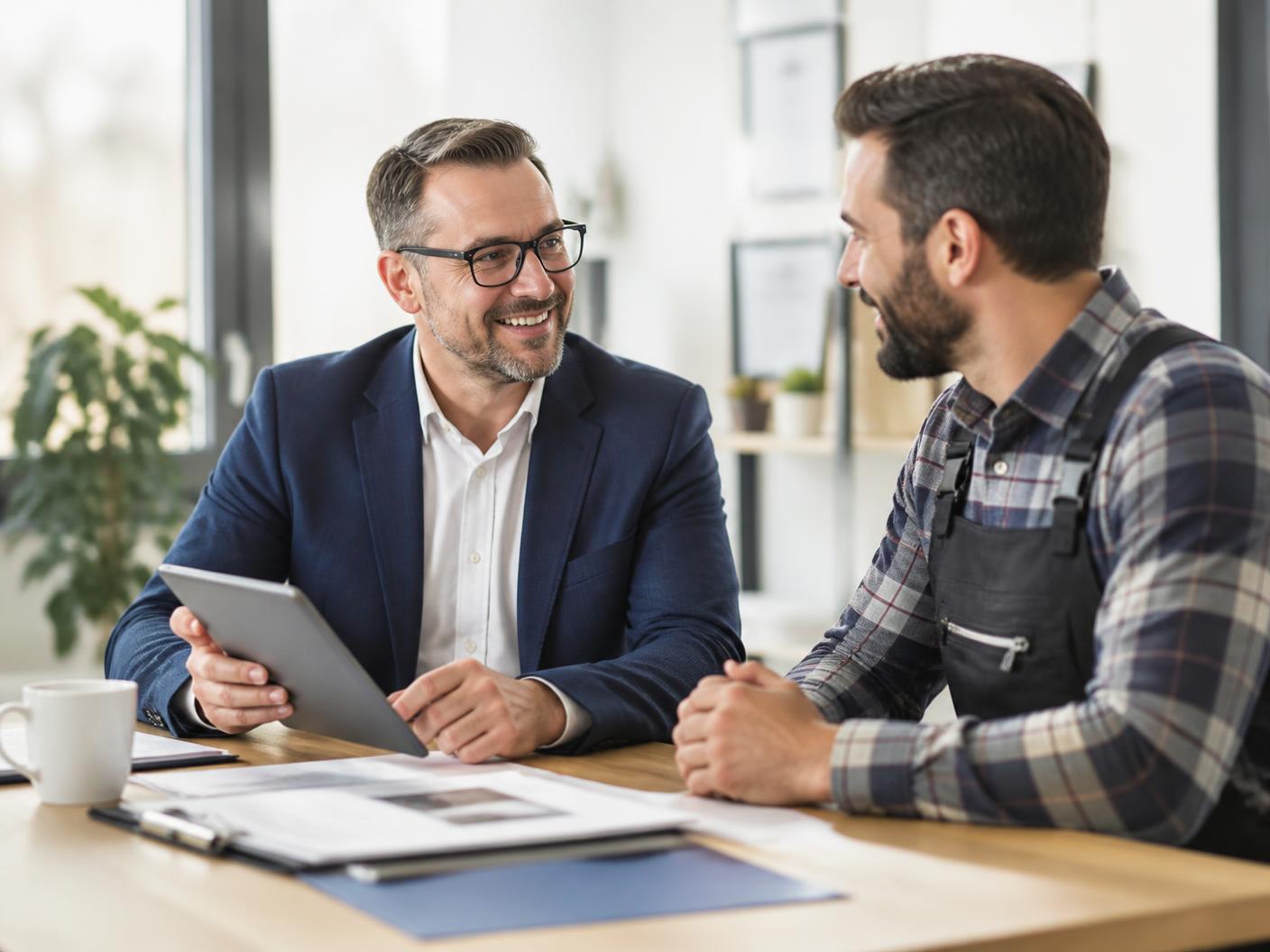 An insurance advisor reviewing plan options with a self-employed contractor